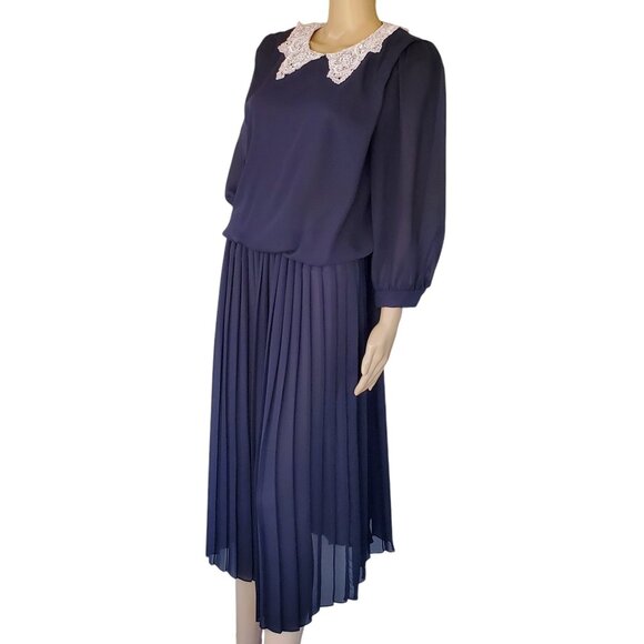 Vintage Career Blouson Maxi Dress Women's 12 Sheer Zip Blue Lace Crochet Collar - Picture 1 of 12